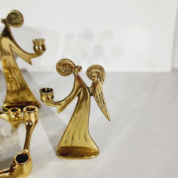 Vtg Brass Taper Candlestick Candle Holder Lot of Angels Flower MCM USA Hong Kong - Picture 2 of 15